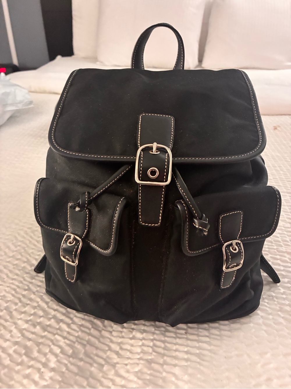 Coach Black Leather Trim Backpack with Silver Buckles